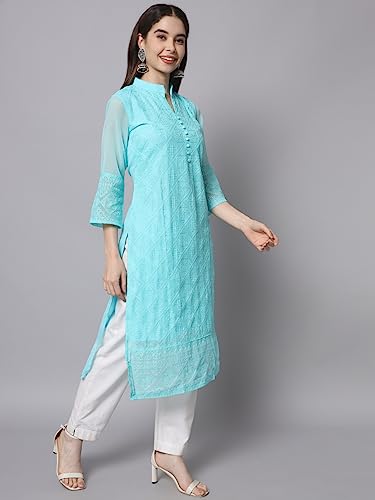 Image of Ekasya Women's Georgette Embroidered Work Kurta with Notch Neck 3 /4 Sleeves Straight Cut Calf Length | E1547