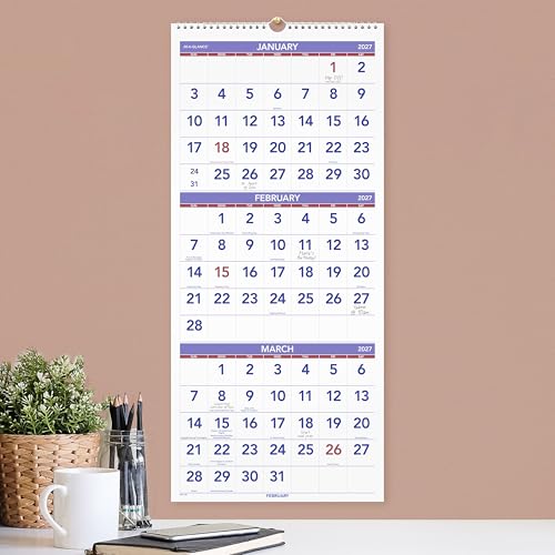 Image of AT-A-GLANCE 2027 Wall Calendar, 14-Month, Dec-Jan, 12 inch x 27 inch, Vertical 3-Month Reference (PM112827)