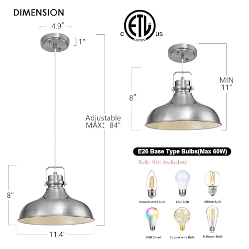 Image of Brushed Nickel Modern Pendant Lights Kitchen Island Fixtures | ETL Certificate,Industrial Adjustable Height Vintage Dome Hanging Light Fixtures for Barn,Dining Room 2 Pack