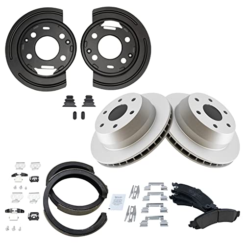 Image of TRQ Rear Brake Pad and Rotor Set Ceramic Coated Parking Shoe Backing Plates Compatible with 2002-2006 Chevrolet Silverado 2002-2006 GMC Sierra 2003 Yukon Cadillac Escalade Suburban Tahoe Avalanche