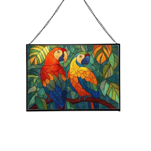 Colorful Parrots in Jungle Canopy Rectangular Stained Glass Suncatcher – Hanging Window Panel with Animal & Nature Scene – Vibrant Glass Art Gift for Wildlife, Fantasy, Nature Lovers UitfxT