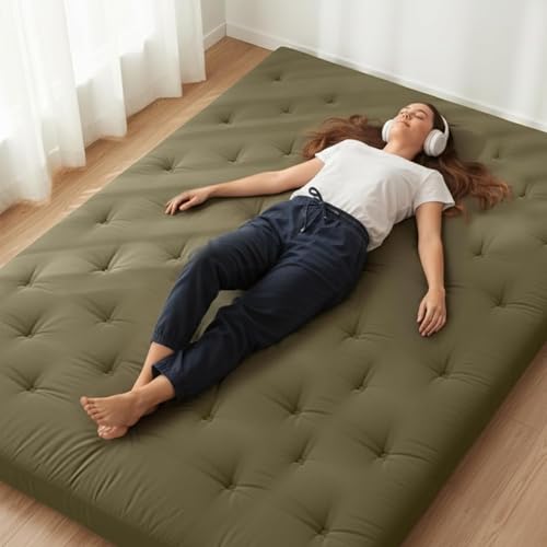 ZonLi Japanese Floor Futon Mattress King Size 76"x 80",100% Cotton Cover 4'' Thicken Tatami Mattress,Foldable Sleeping Pad,Portable Dormitory Tatami Mat(Winter Moss)