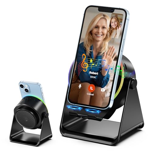 Dohelly Wireless Induction Speaker, Phone Stand with Bluetooth Speaker Amplifier, Stereo Sound, RGB Ambient Light, 360° Adjustable Phone Holder Compatible with iPhone/iPad/Android/Samsung Galaxy-Black