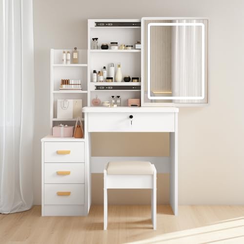 YuYe Coiffeuse avec éclairage LED, miroir à luminosité réglable, coiffeuse avec tabouret, coiffeuse avec 5 tiroirs et 3 étagères, moderne, en bois,...