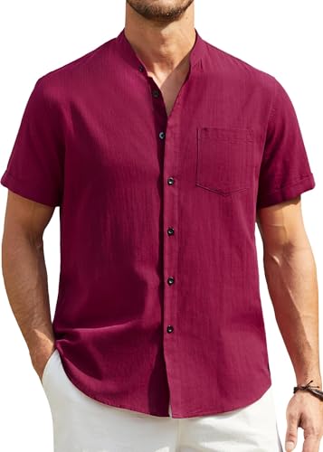 Enlision Camisa de Lino Hombre Manga Corta Cuello Mao Camisa Verano Lino Hombre Casual Henley Camisas Borgoña Ropa Ibicenca Hombre Camisetas con Botónes Top XXL
