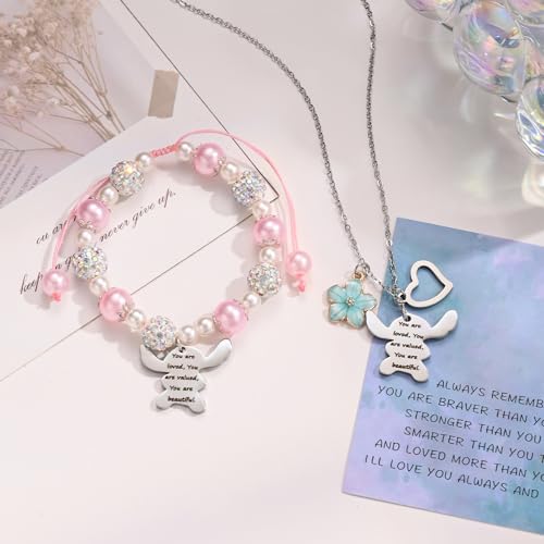 Image of Cute Bracelets Necklace Jewelry Set for 2 Pink Pearl Bracelets Beautiful Gift,Birthday Christmas for Women