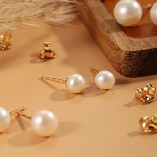 Image of Freshwater Pearl Stud Earrings for Women - Hypoallergenic 925 Silver Plated With 14k Gold Genuine Round White Pearls Elegant Gift for Her