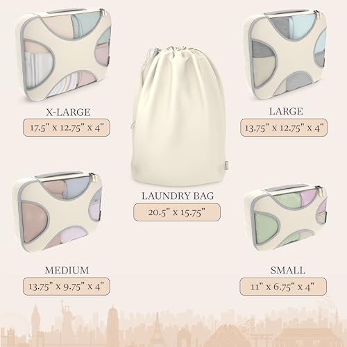 Image of 5 Set Packing Cubes - Travel Organizers With Laundry Bag, Sand | Suitcase Organizer Bags Set: 4 Water-Resistant Luggage Cubes, XL to Small, + Laundry Bag for Carry-On or Checked