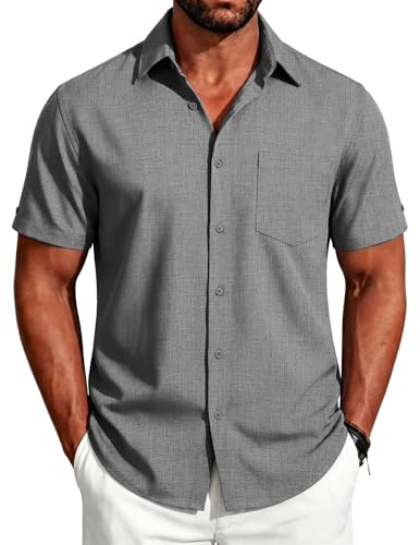Image of COOFANDY Men's Button Down Shirts Short Sleeve Casual Shirts Summer Beach Linen Shirts with Pocket