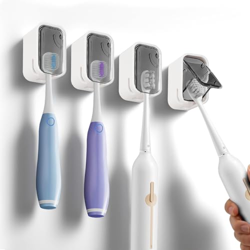 4 Pack Adhesive Wall Mount Toothbrush Holder - Waterproof Bathroom & Shower Organizer No Drill Stick On Hanger for Manual/Electric Toothbrushes Space Saving Storage Solution