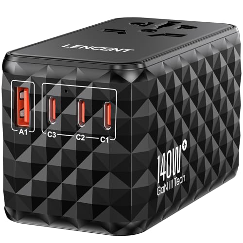LENCENT 140W International Travel Adapter GaN Universal Travel Adapter with 1 USB-A & 3 Type C Power Adapter Fast Charger for Phone Laptops Worldwide Plug Adapter for USA/SG/EU/AUS Black