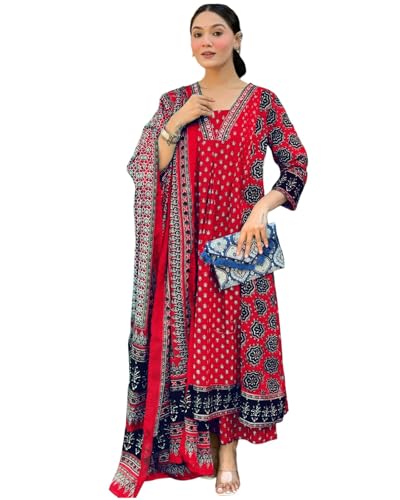 Kurta Anarkali Rouge en Rayonne Viscose avec Palazzo et Dupatta GoSriKi Taille S