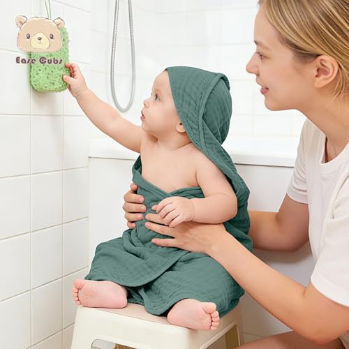 Image of Ease Cubs 3-Pack Muslin Hooded Baby Towels, 100% Cotton, Ultra-Soft & Absorbent Baby Bath Towels with Hood for Babies, Infant, Toddler and Newbron (Emerald Series,32 inch x 32 inch)
