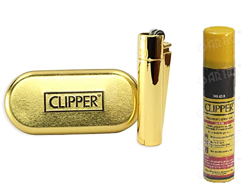 Clipper Metal Lighter with Designer Box, Gold with Lighter Gas Refill Can (100ml, Combo)