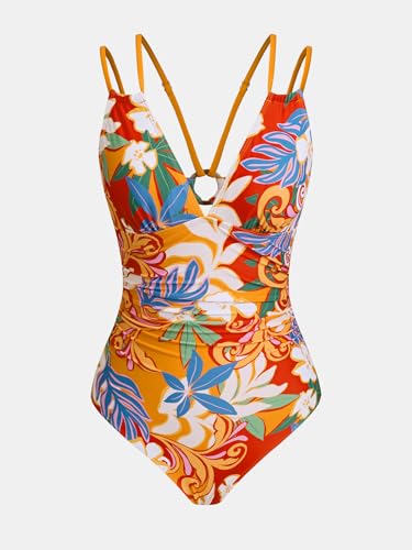 Image of CUPSHE Women's V Neck One Piece Cutout Tummy Control Swimsuit | Double Adjustable Straps,Back Cutout,O Ring,Soft Removable Cups,Flattering Bathing Suit For Vacation And Beach