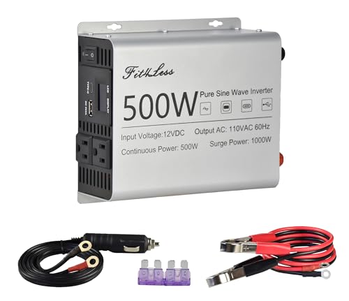 Pure sine Wave Inverter DC 12V Input and AC 110V Output with LCD Display, USB Output Port, Type-C...