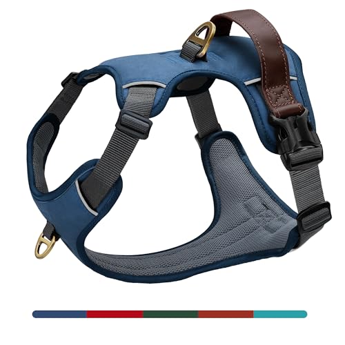 AKAILEA No Pull Dog Harness Medium Sized Dog,Stylish PU Leather Vest with Easy Control Handle,No Choke Front Clip with 2 Metal Leash Clips,Reflective & Adjustable for Walking,Blue,Chest 22-29"