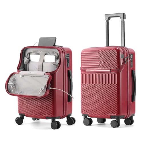 20 Inch Carry On Luggage with Spinner Wheels PC Hard Shell Suitcase Equipped with Cup Holder Phone Holder and USB Port Lightweight Airline Approved Travel Luggage for Men and Women