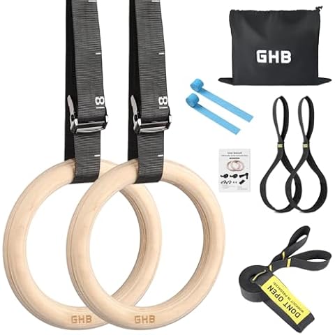 GHB Gymnastic Rings Wooden Gym Rings 1.25" Olympic Rings Adjustable Straps Pull Up Rings Sets for Workout Bodyweight Fitness Training Cover