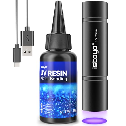 ISTOYO UV Resin Set mit UV Lampe 30g UV Harz mit 395nm Taschenlampe 3W USB C Wiederaufladbar Schnellhärtung in 5 Sekunden für Verklebung Schmuck Kunststoff- oder Glasreparatur Fleckenerkennung