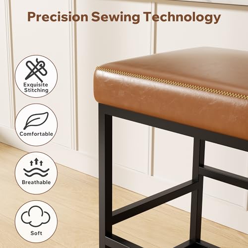 Image of Bar Stools Set of 2, 24in Counter Height Barstools, Faux Leather Counter Stools with Thick Square Seats & Sturdy Metal Base, Modern Bar Chairs for Kitchen Island (Caramel)
