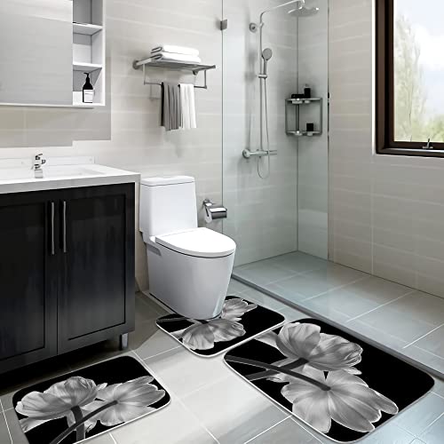 Schwarz und Weiß Blume Modern Bloom Rural Daisy Floral Badezimmer Teppiche und Matten Set 3-teilig, Memory Foam… – Bild 3