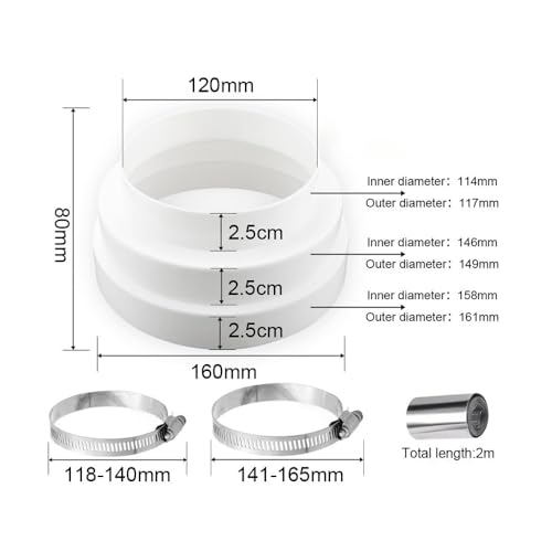 Sarini Ducting Reducer 160mm to 150mm 120mm Reducer Connector with 2 Hose Clamps 2 Rolls Foil Tape for Ventilation System Ventilation -Pack of 2