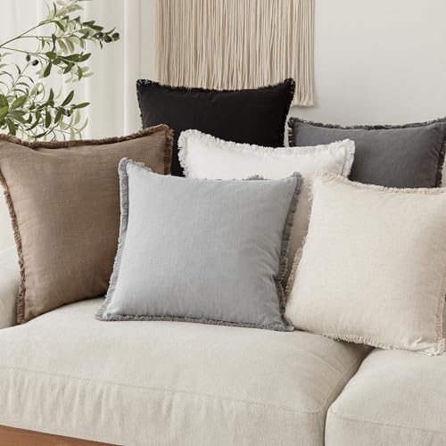Image of Foindtower Set of 2 Decorative Linen Fringe Throw Pillow Covers Cozy Farmhouse Cushion Cover with Tassels Accent Pillowcase for Couch Bed Living Room Home Bedroom Decor,12x24 Inch,Light Rustic Gray