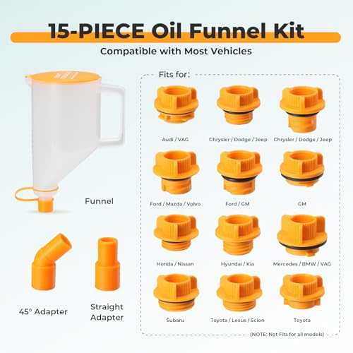 FOUR UNCLES 15-Piece No-Spill Engine Oil Funnel Kit for Automotive Use - 1.5 Qt Funnel with 14 Adapters for Easy Filling, One-Hand Operation - Thumbnail 3