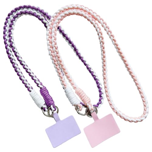 SSKHE 2 Piezas Cordón para Móvil Universal con Correa de Cuello, Cuerda para Colgar Móvil, Colgante para Teléfono, Cadena de Seguridad para (Morado-Blanco + Rosa-Blanco)