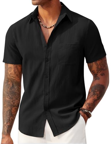 Image of COOFANDY Men's Linen Shirts Short Sleeve Button Down Shirt Casual Summer Beach Shirts with Pocket
