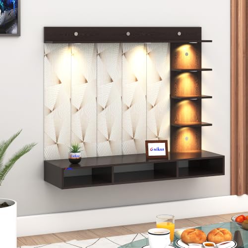Image of Anikaa Tyron Engineered Wood Wall-Mount TV Unit with PVC Back Panel & LED Lights | TV Cabinet with Storage Box & Decorative Shelves (Wenge) | Ideal for TVs up to 55 Inch | DIY Installation