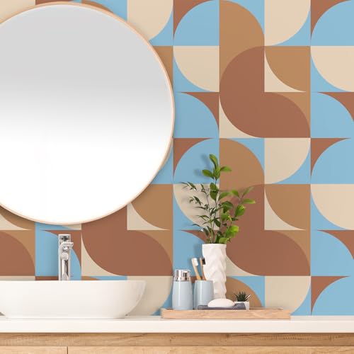 VaryPaper Carta da Parati Geometrica Blu Marrone Moderna 44.5cmx200cm Pellicola Adesiva Geometrica in Vinile Carta Adesiva per Pareti Camera Letto Bagno Impermeabile Pellicola Mobili Cassetti Armadio