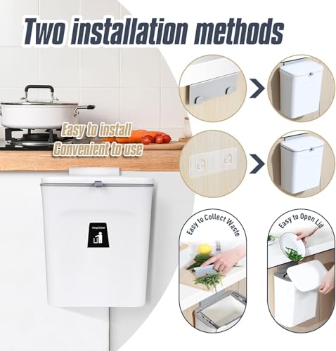 Image of 10 L Kitchen Compost Bin for Counter Top or Under Sink, Hanging Small Trash Can with Lid for Cupboard /Bathroom /Bedroom /Office /Camping, Mountable Indoor Compost Bucket (White)