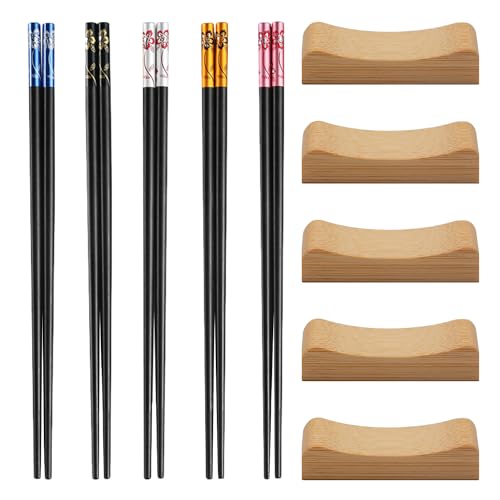 5 paia di bacchette, 5 supporti per bacchette, bacchette riutilizzabili, set di bacchette, supporto per bacchette, bastoncini antiscivolo, utensili da cucina, bastoncini in fibra creativa