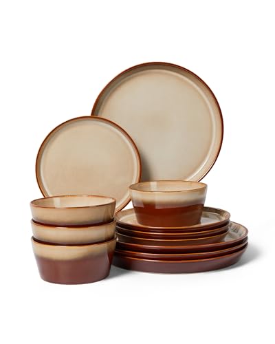 Image of Pokini Ceramic Plates and Bowls Sets for 4, 12pcs Dinnerware Sets, Dish Set