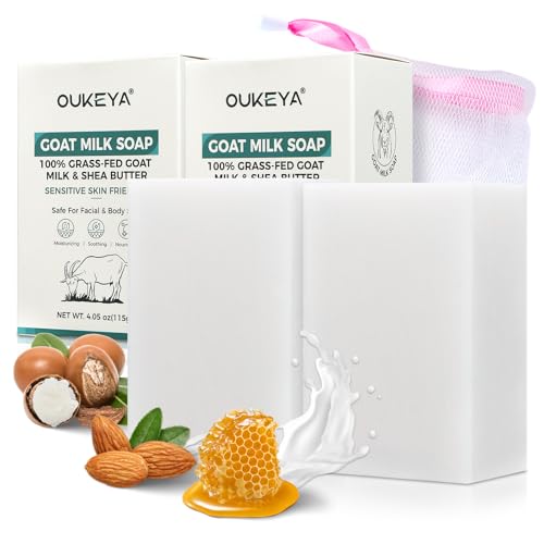 OUKEYA Pack 2 Jabón de Leche de Cabra Natural 115g, Limpieza Suave con Aceite de Oliva, Manteca de Karité y Miel, Hidratante y Antiedad, Incluye Red para Espumar, Ideal Piel Sensible y Seca