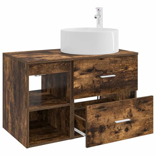 Muebles de baño de roble ahumado con tocador y armario auxiliar de 2 piezas 5