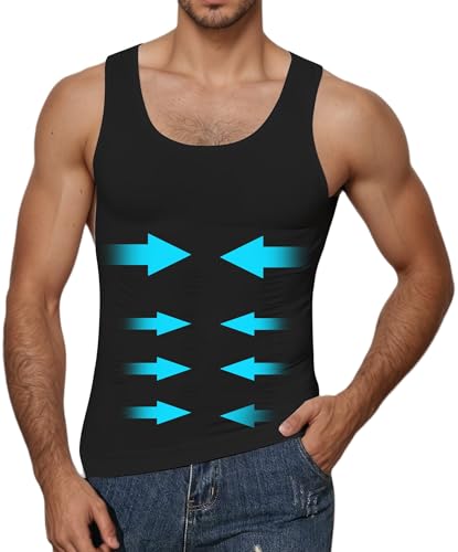 WINKEEY Camiseta Compresión Hombre Slim Adelgazante Faja Reductora Hombre Sólido Elástica Interior Chaleco Camisetas de Tirantes Hombres, Negro L