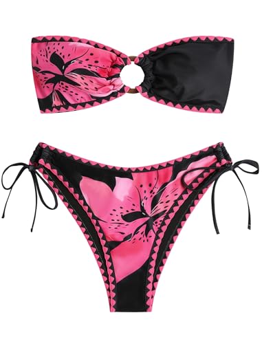 Image of ZAFUL Women's Bandeau Bikini O Ring Strapless Tie Back High Cut Two Piece Swimsuit Bathing Suits