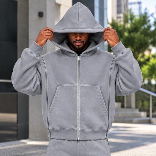 Mens Hooded Sweatshirt Oversized Light Fleece Zip Up Jackets Fall Outfits - image 3
