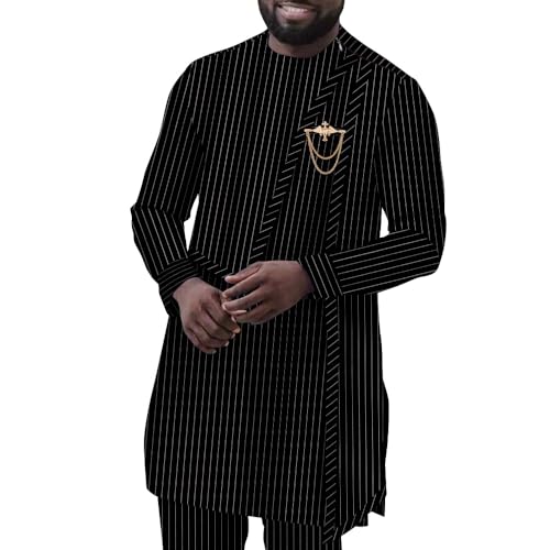 African Suit for Men Traditional Dashiki Stripe Blazer and Pants 2 Piece Set Business Dress Suit Party Wedding Evening