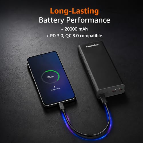 Image of Amazon Basics 20000 mAh Power Bank, 35W Fast Charging PD3.0, Output (2 Type C & 1 USB), for iPhone, Android, Tablets & Other Devices, Slim Metal Body, Flight Friendly, Type C Cable (Black)