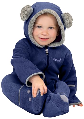 Snonook Fleece Baby Jacket - Winter Suit Bunting Bodysuit with Fold Over Mittens & Footies, Hooded & Zipper Down, Soft Cozy Warm Jumpsuit for Infants, Midnight Navy, 12/18 months