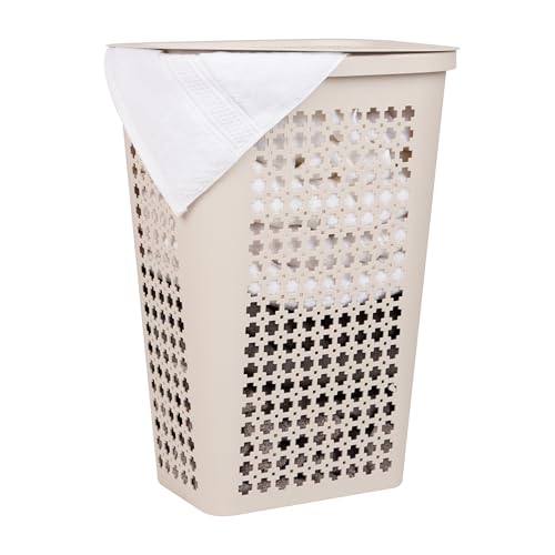 Mind Reader Slim Tapered Laundry Hamper with Lid, Clothes Basket with Swiss Cross Cut-Outs, Lightweight & Ventilated, Plastic, 16.75'L x 12.75'W x 23'H, Ivory