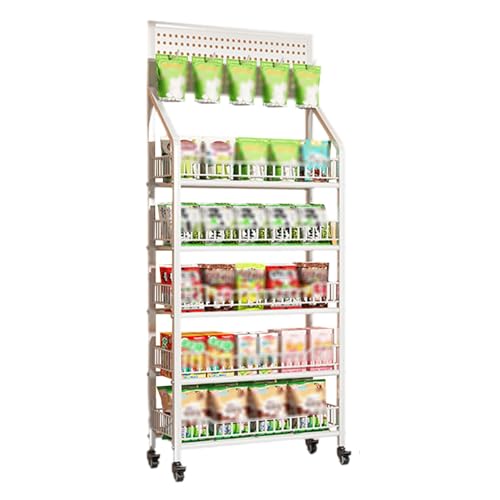 Présentoir à 5 niveaux blanc pour organiser les paquets de chips sur comptoir