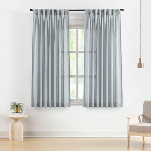 Image of Vision Home Blue Fog Pinch Pleated Semi Sheer Curtains Textured Linen Blended Light Filtering Window Curtains 72 inch for Living Room Bedroom Pinch Pleat Drapes with Hooks 2 Panels 40 inch Wx72 L