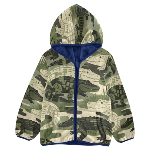 Alligator Pattern in Camouflage Toddler Fleece Jacket Girl Boys Hooded Fleece Jacket Coat Warm Outwear Zip-up 3-10T