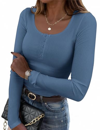 Image of Zeagoo Shirts for Women Square Neck Tops Long Sleeve Henley Tee Going Out Slim Fit Outfit Summer Clothes Dark Blue