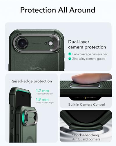 Image of ESR for iPhone Air Case with Stand, 23ft Military-Grade Drop Protection, Camera Control, Shock-Absorbing iPhone 17 Air Rugged case, Compatible with MagSafe Accessories, Cyber Series, Green